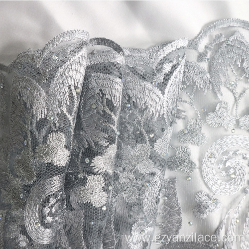 Grey Heavy Beaded Nigeria lace Fabric
